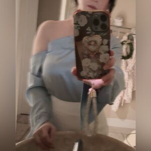 😍2for1 price NewSexy IceBlue SilkySatin One shoulder off Blouse w asymmetric cut